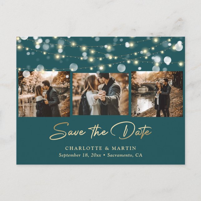 Elegant Teal and Gold Wedding Photo Save The Date Announcement Postcard (Front)