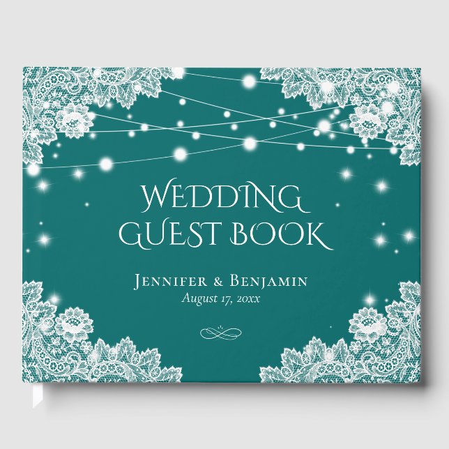 Elegant Teal and Lace Wedding Guest Book (Front)