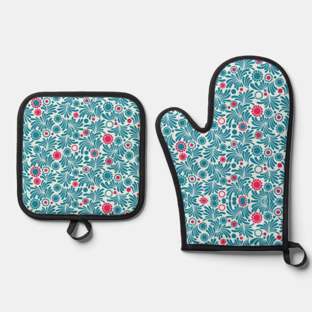 Elegant Teal and Magenta Foliage Pattern Oven Mitt & Pot Holder Set (Front)