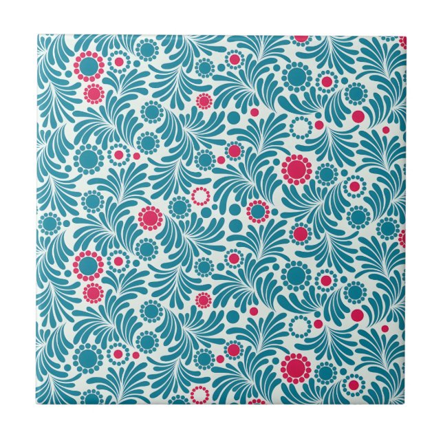 Elegant Teal and Magenta Foliage Pattern Tile (Front)