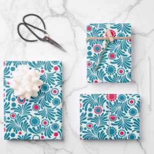 Elegant Teal and Magenta Foliage Pattern Wrapping Paper Sheet