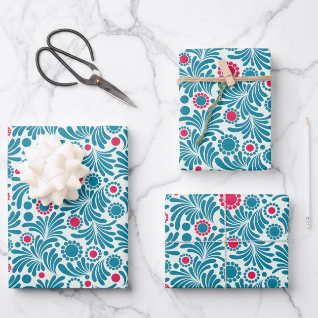 Elegant Teal and Magenta Foliage Pattern Wrapping Paper Sheet (Front)