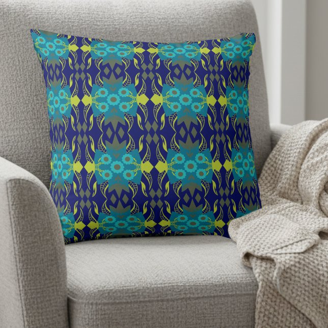 Elegant Teal And Navy  Cushion (Whimsical details in teal & navy. Modern and perfect for that pop of color for any room.)