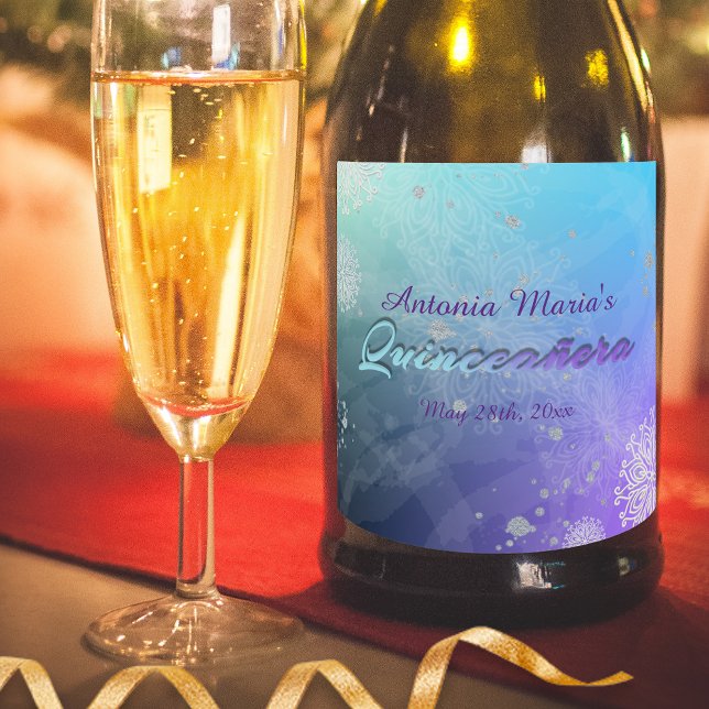 Elegant Teal and Purple Mandala Quinceañera  Sparkling Wine Label (Creator Uploaded)