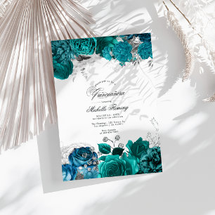 Elegant Teal and Silver Floral Quinceañera Photo Invitation