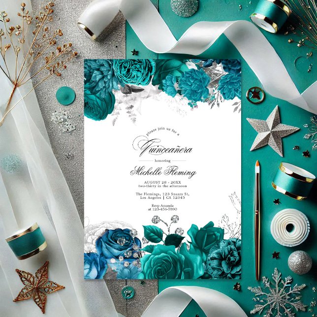 Elegant Teal and Silver Floral Quinceañera Photo Invitation (Elegant Teal and Silver Floral Quinceañera Photo Invitation)