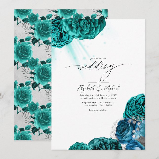 Elegant Teal and Silver Floral Wedding Invitation (Front/Back)