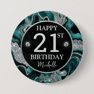 Elegant Teal and Silver Glitter Agate Birthday 7.5 Cm Round Badge