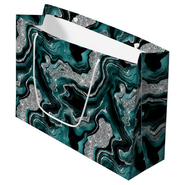 Elegant Teal and silver Glitter Agate Birthday Large Gift Bag (Front Angled)