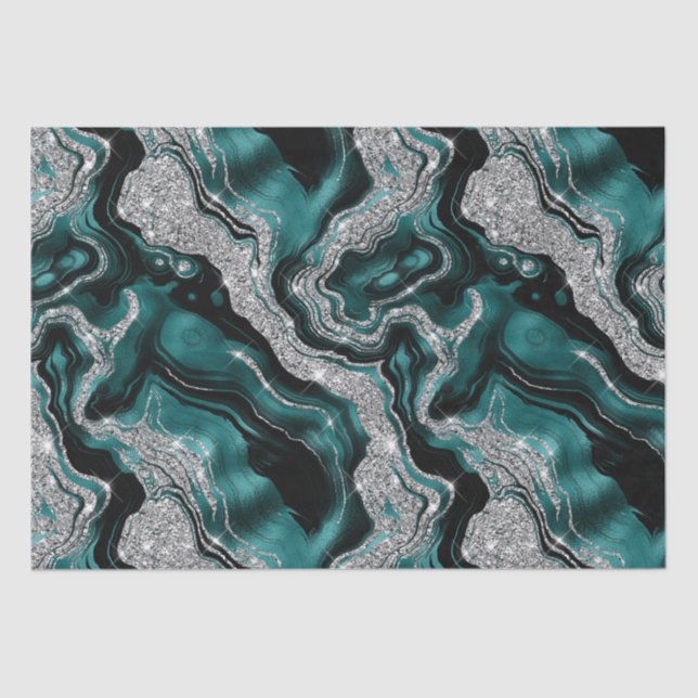 Elegant Teal and silver Glitter Agate Birthday Tissue Paper (Front)