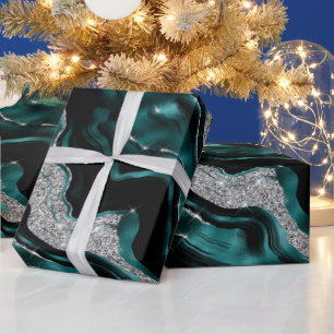 Elegant Teal and Silver Glitter Agate Birthday Wrapping Paper
