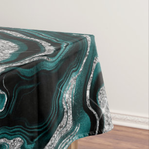 Elegant Teal and Silver Glitter Agate Pattern Tablecloth