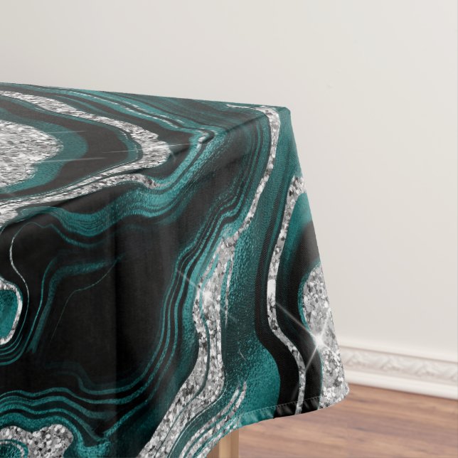 Elegant Teal and Silver Glitter Agate Pattern Tablecloth (In Situ)