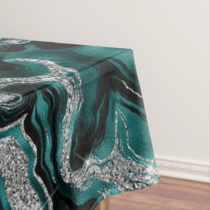 Elegant Teal and Silver Glitter Agate Pattern Tablecloth