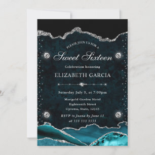 Elegant Teal and Silver Glitter Agate Sweet 16 Invitation