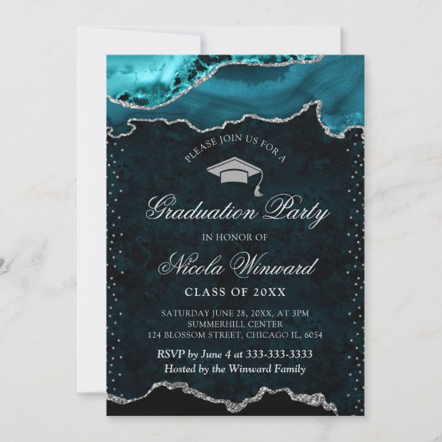 Elegant Teal and Silver Marble Agate Graduation Invitation (Front)
