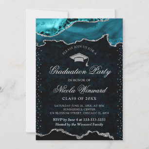 Elegant Teal and Silver Marble Agate Graduation Invitation