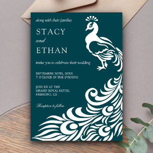 Elegant Teal and White Peacock Wedding Invitation