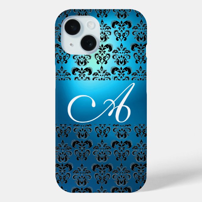 ELEGANT TEAL AQUA BLUE BLACK DAMASK MONOGRAM Case-Mate iPhone CASE (Back)