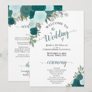 Elegant Teal & Aqua Boho Floral Wedding Program Invitation