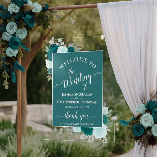 Elegant Teal & Aqua Boho Roses Wedding Welcome Acrylic Sign