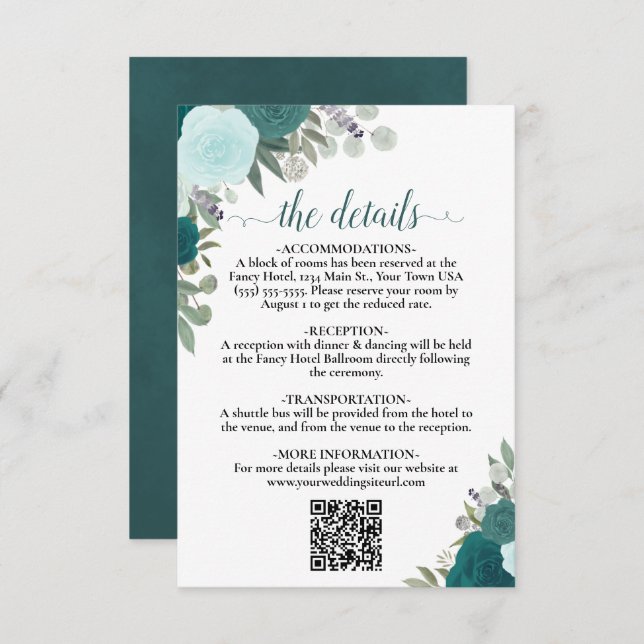 Elegant Teal & Aqua Roses Wedding Details QR Code Enclosure Card (Front/Back)