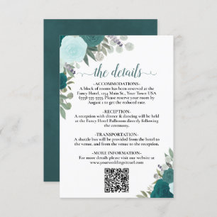 Elegant Teal & Aqua Roses Wedding Details QR Code Enclosure Card