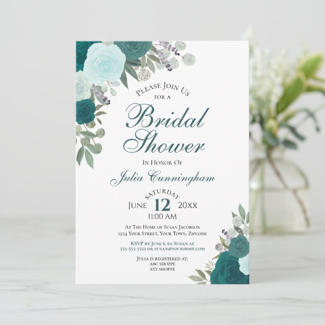Elegant Teal Aqua Watercolor Floral Bridal Shower Invitation (Standing Front)