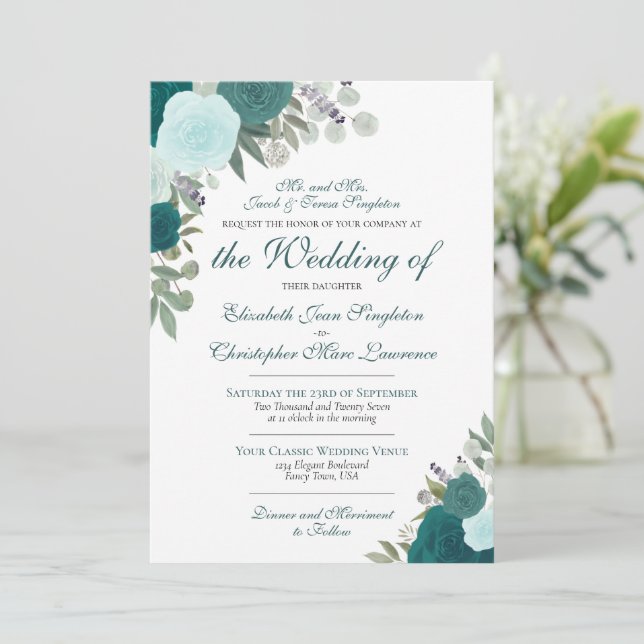 Elegant Teal Aqua Watercolor Roses Formal Wedding Invitation (Standing Front)