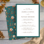 Elegant Teal Autumn Wedding Invitation<br><div class="desc">Elegant Teal Autumn Wedding Invitation. Make a lasting first impression with this stunning teal wedding invitation from the Teal Terracotta Fall Leaves Floral Collection. The front showcases your wedding details in elegant typography set against a rich teal background, accented by subtle watercolor florals and foliage in warm autumn tones—burnt orange...</div>