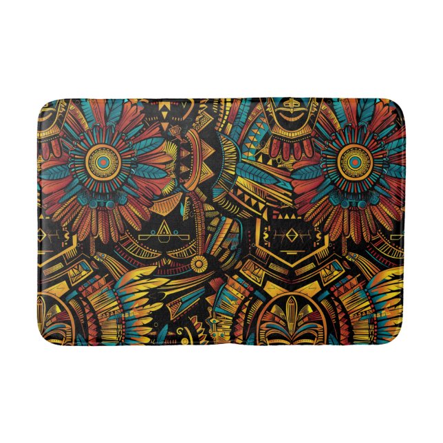 Elegant Teal "Aztec Dream" Plush Bath Mat (Front)