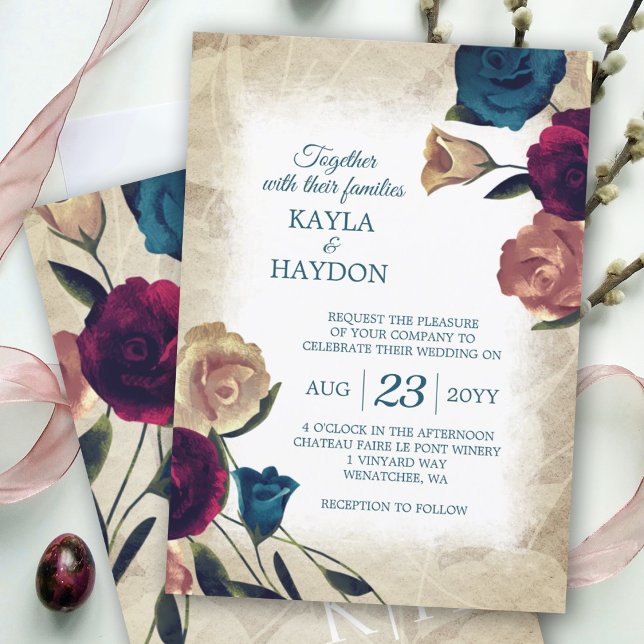 Elegant Teal, Beige Burgundy Rose Bouquets Wedding Invitation (burgundy, red, teal green beige botanical rose garden wedding invitations, summer roses wedding)
