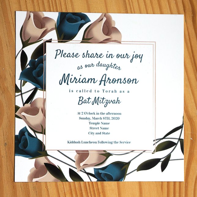 Elegant Teal Beige Roses Bat Mitzvah Invitation (Teal and beige roses botanical bat mitzvah invitation)