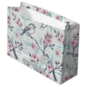 Elegant Teal Birds Pink Cherry Blossoms Large Gift Bag