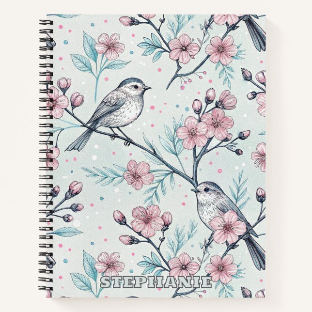 Elegant Teal Birds Pink Cherry Blossoms Notebook (Front)
