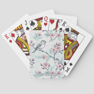 Elegant Teal Birds Pink Cherry Blossoms Playing Cards