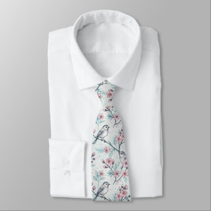 Elegant Teal Birds Pink Cherry Blossoms Tie