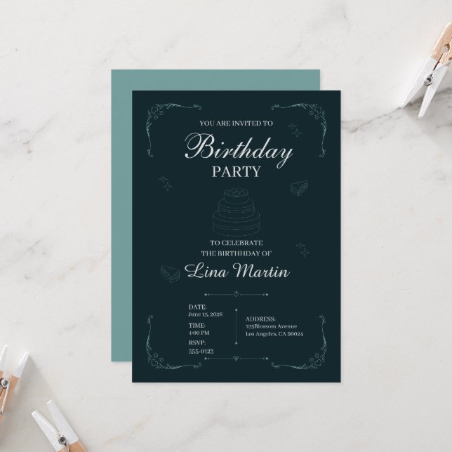 Elegant Teal Birthday Invitation (Front/Back In Situ)