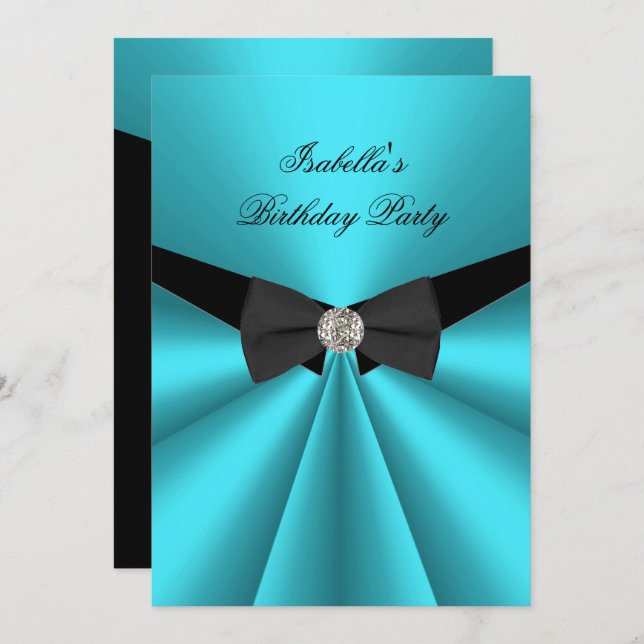 Elegant Teal Black Bow Tie Birthday Party Diamond Invitation (Front/Back)