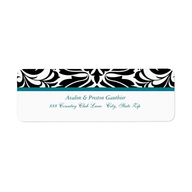 Elegant Teal Black Damask Wedding Address Label (Front)