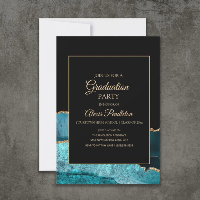 Elegant Teal Black Gold Marble Agate Graduation Invitation (Teal and black marble/agate graduation party invitation)