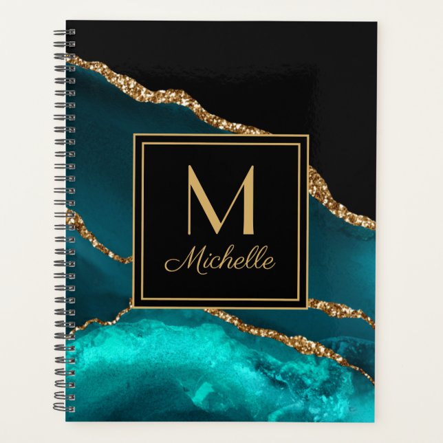 Elegant Teal Black Gold Marble Monogram     Planner (Front)