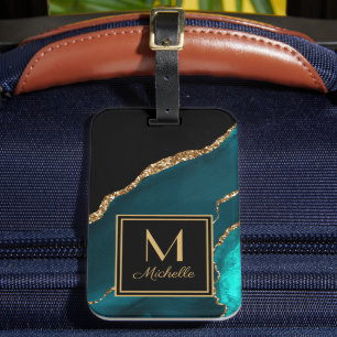 Elegant Teal Black Gold Monogram Initial Name Luggage Tag