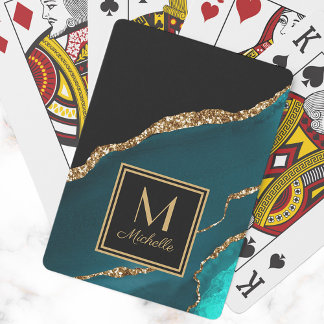 Elegant Teal Black Gold Monogram Initial Name Playing Cards
