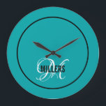Elegant teal black monogram family name  large clock<br><div class="desc">Modern wall clock with a teal background,  a white script monogram and black family name. Personalise with your initial and family name.</div>