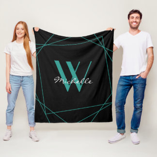 Elegant Teal Black Monogram Geometric Name Script Fleece Blanket