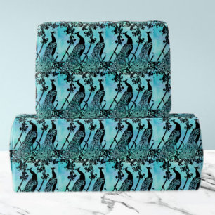 Elegant Teal & Black Peacock Pattern Wrapping Paper