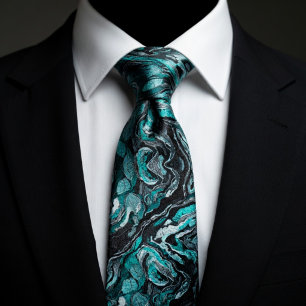 Elegant Teal & Black Swirl Marble Tie