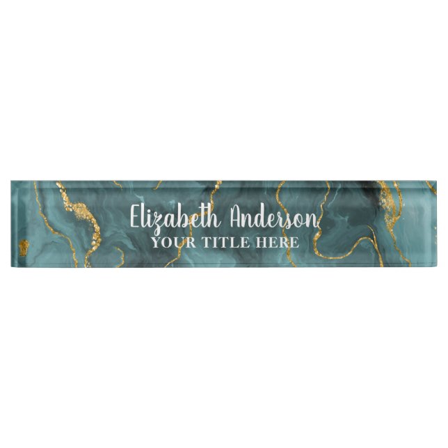 Elegant Teal Blue Agate Geode Chic Monogram Nameplate (Front)