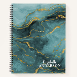 Elegant Teal Blue Agate Geode Marble Monogram Name Notebook